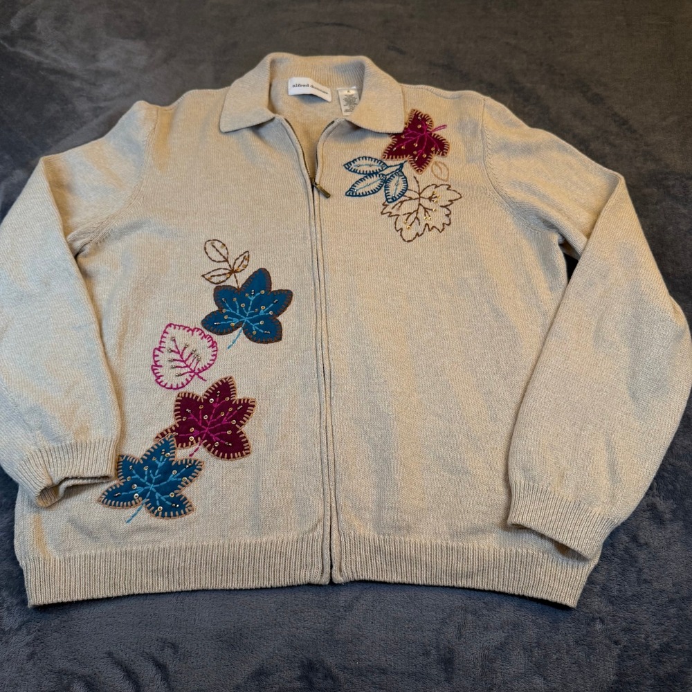 Alfred Dunner Beige Zip Up Cardigan Sweater Leaf Embroidery‎ Sequins Womens XL